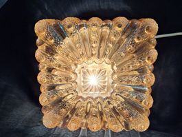 Vintage Deckenlampe Glas Bernsteinfarben  mit Muster ,60erJ.