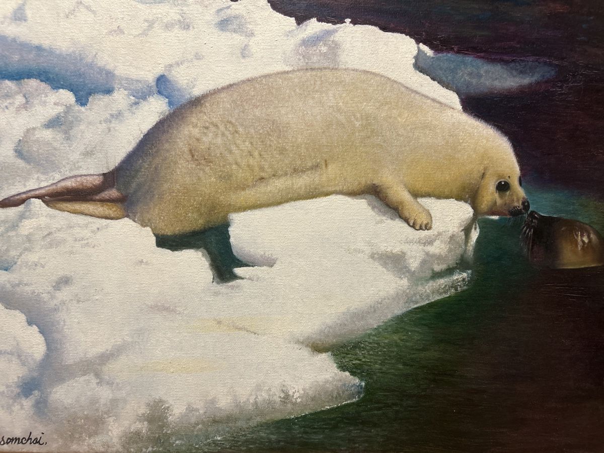 Gemälde: Ölgemälde, Robbe auf Eisscholle, Winterdeko, 40 x 50 cm – Gebraucht aus Glarus von KunstWerkEr-LS87 2