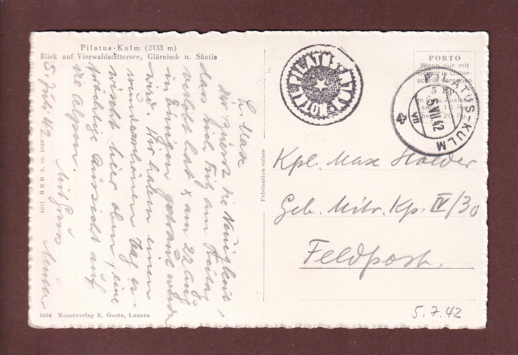 Cartoline postali: PILATUS-KULM - 1942 Feldpost – Usato da Pully venduto da nicecards 1