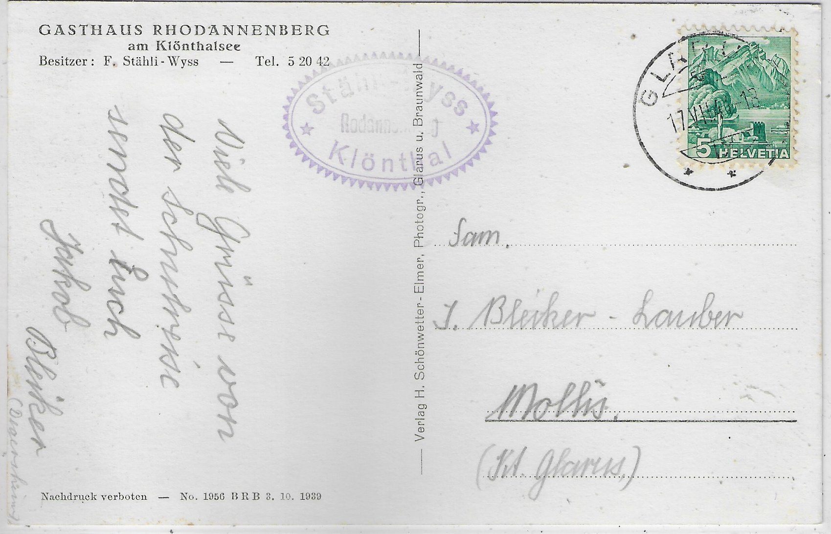 Cartoline postali: Gasthaus Rhodannenberg am Klönthalsee – Usato da Ettingen venduto da Kartenplanet 1