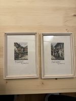 Gerahmte Radierung, Häuser Architektur, Winterdeko.