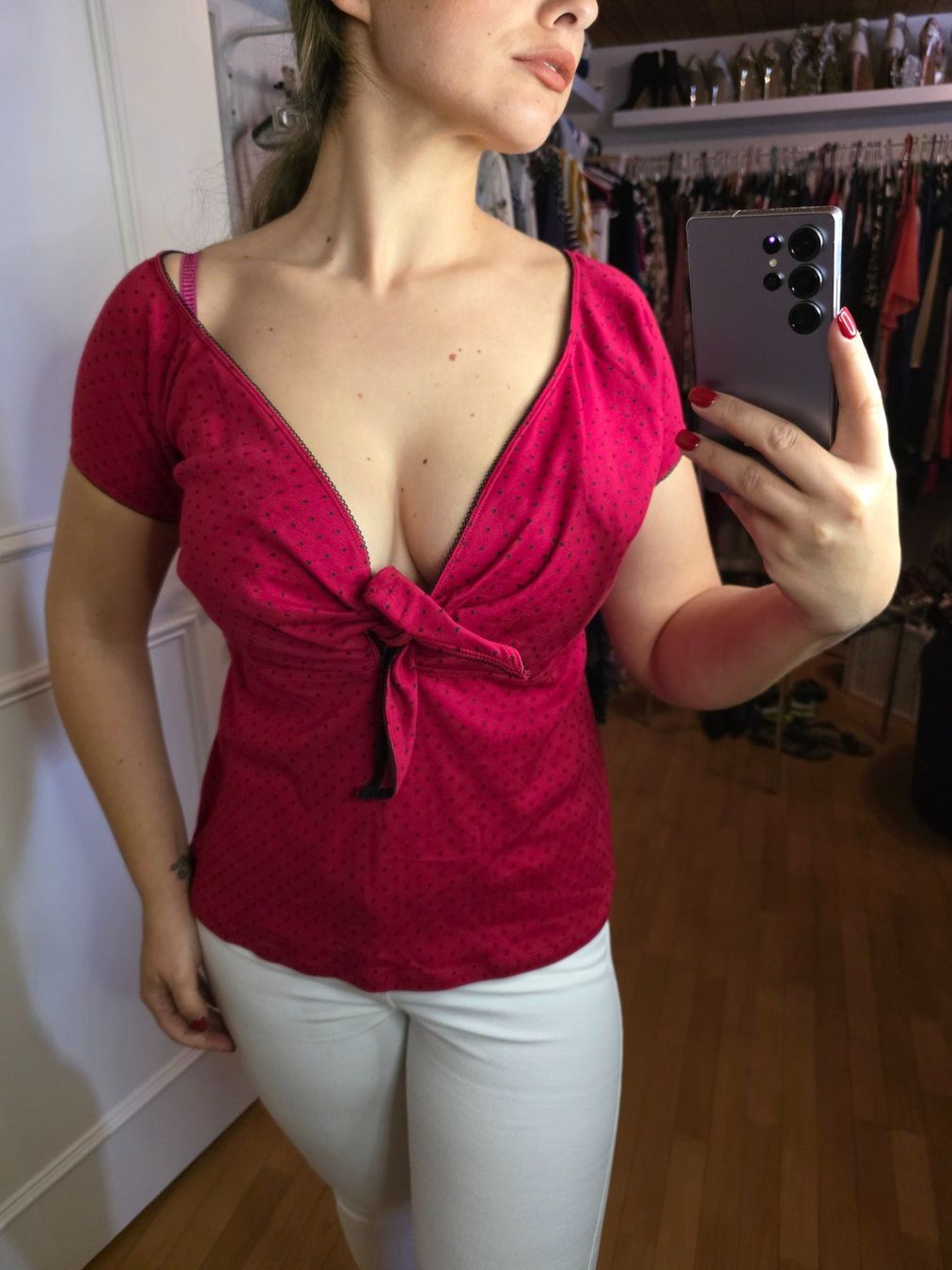 Camicette: Rote Bluse mit Punktmuster, Grösse XL, Vintage Style – Usato da Wald ZH venduto da CapLux