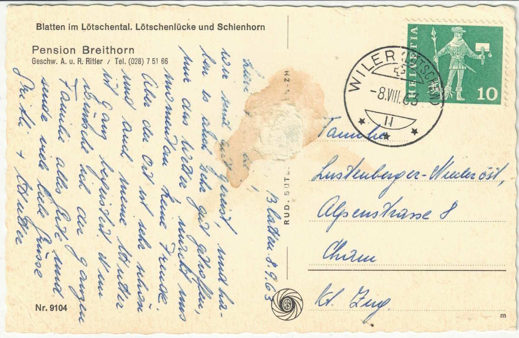 Cartoline postali: Blatten im Lötschental - Pension Breithorn – Difettoso da Ettingen venduto da Kartenplanet 1