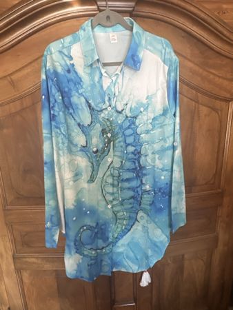 Damen Bluse Seepferdchen Motiv blau Grösse XXL neuwertig