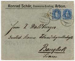 25 Rp. Stehende Helvetia MeF a. Beleg von ARBON nach BANGKOK