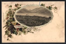 Litho Vevey, Teilansicht, Weinglas- und 