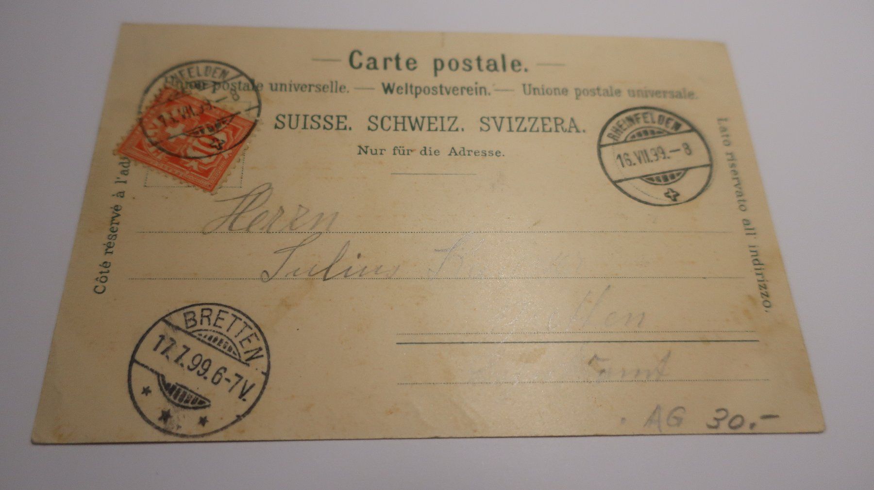Cartoline postali: Gruss aus Rheinfelden. 1899 – Usato da Cormoret venduto da Pascalll2001 2