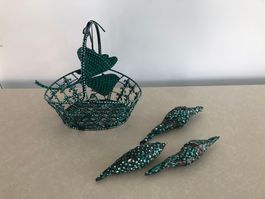 Metallkorb, Ginkyo-Blatt aus Metall, 3 Papiermaché-Objekte