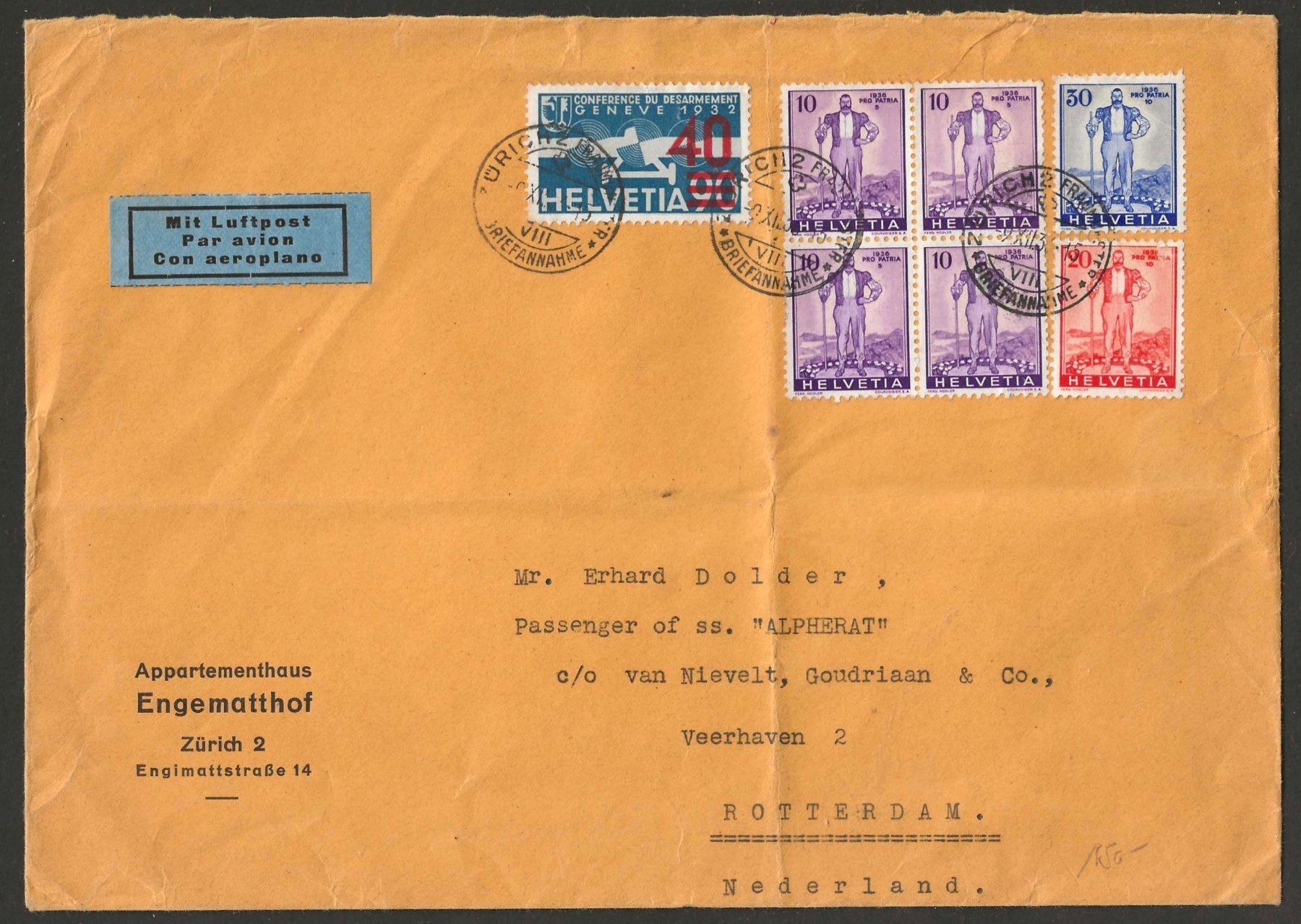 Tutti i francobolli: 1936 : Flugpostbrief mit W2 - W4 nach Rotterdam – Usato da Gümligen venduto da Geniusbuy