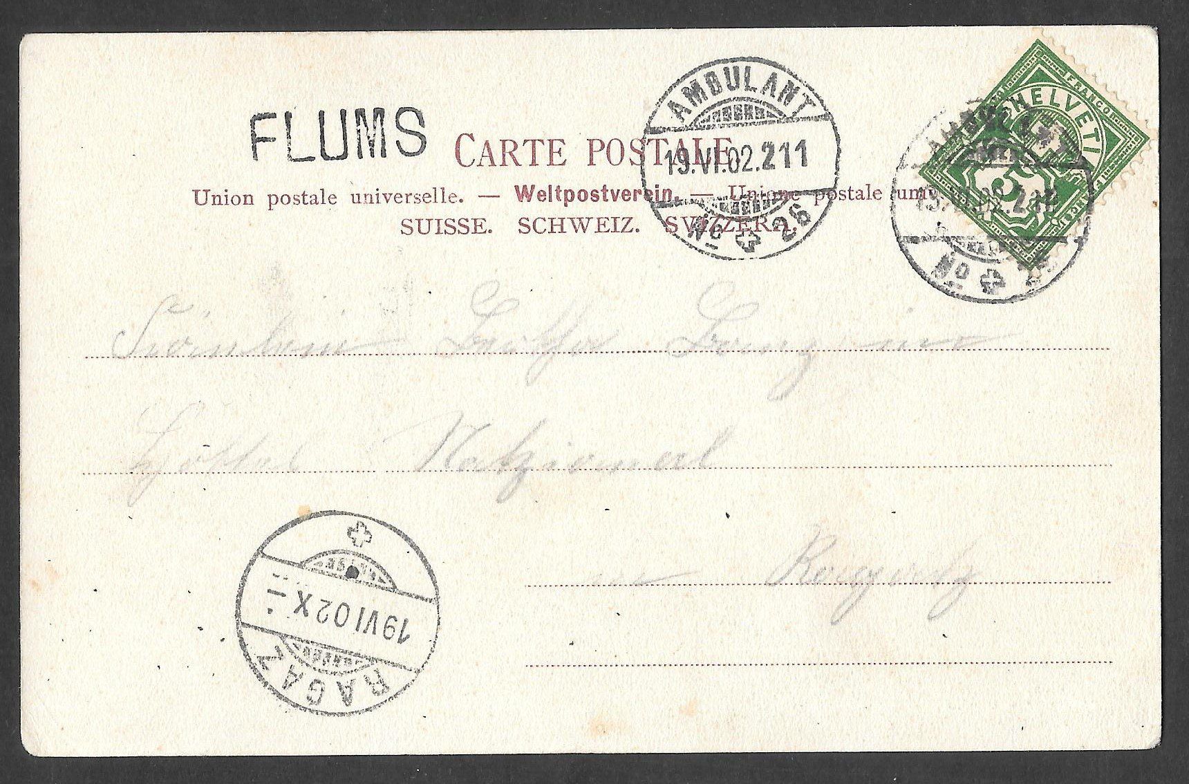 Cartoline postali: Flums Geschäftshaus und Generalansicht Stempel FLUMS – Usato da Olten venduto da clotaldi 1