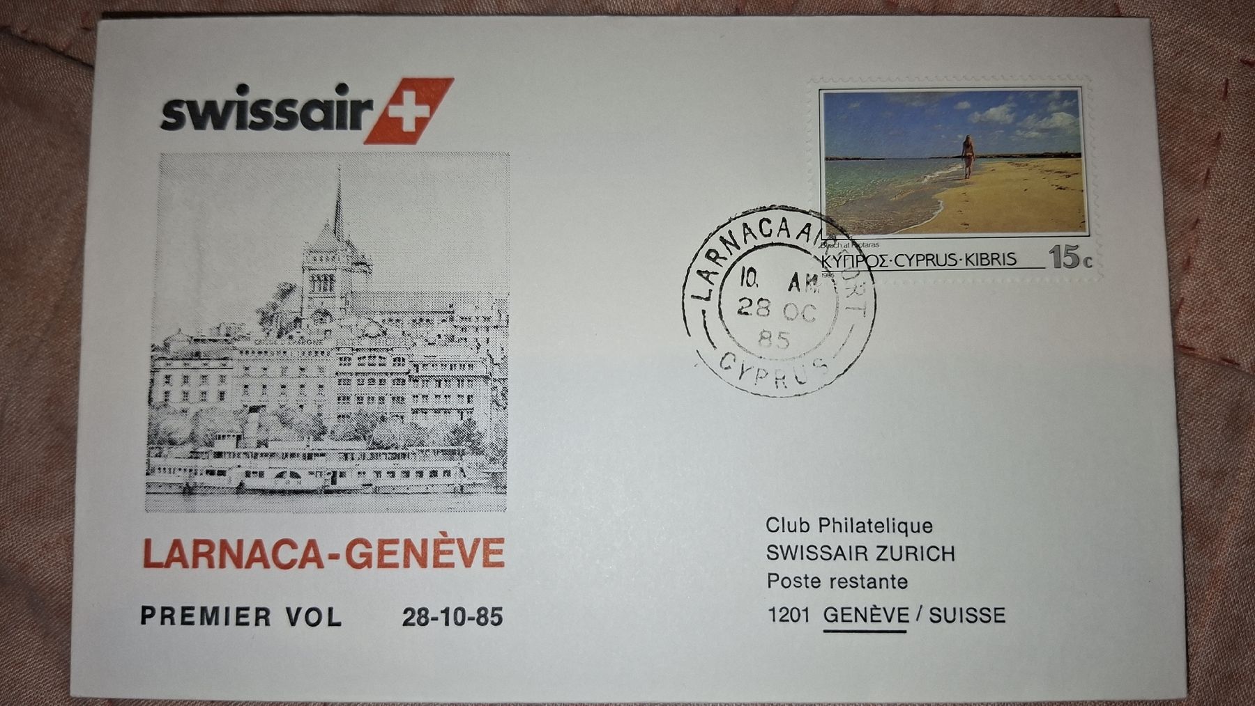 Tutti i francobolli: Swissair Larnaca - Geneve 28.10.1985 – Usato da Balgach venduto da SIMEON27