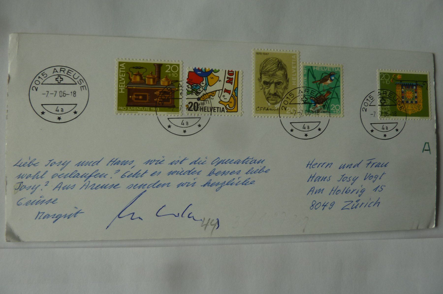 Alle Briefmarken: FOTOPOSTKARTE ORIGINAL MIT BRIEFMARKEN,  POSTSTEMPEL AREUSE – Gebraucht aus Zürich von Rrehsuah