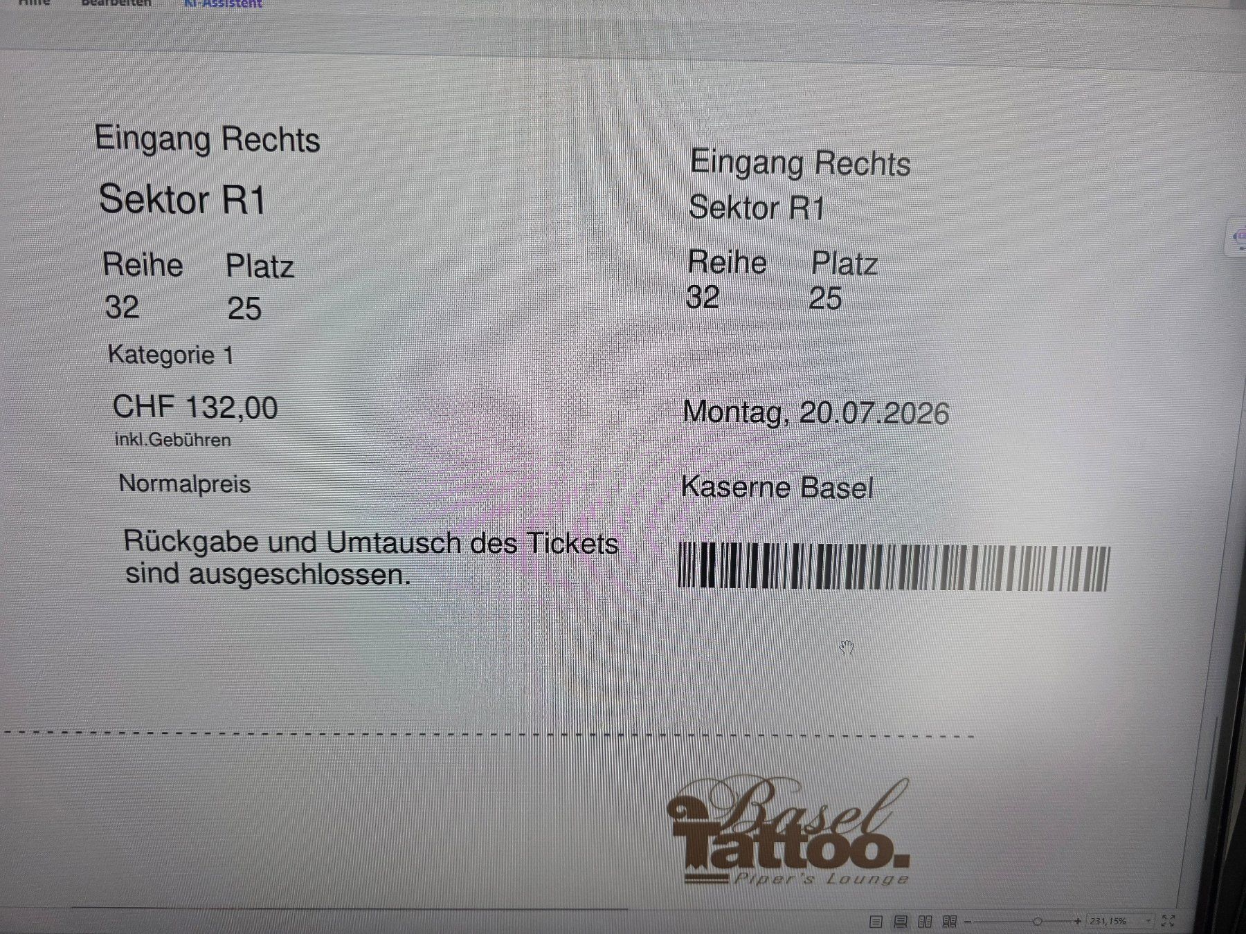 Biglietti: Basel Tattoo Einzelbillet Kategorie 1 20.7.26 – Nuovo (secondo la descrizione) da Riniken venduto da jk5223