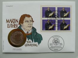 1983, Numisbrief: 500. Geb. von Martin Luther mit 5 DM-Münze
