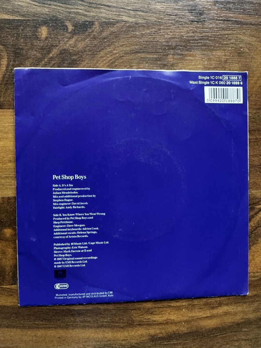 Dischi in vinile: Pet Shop Boys - It's a Sin - 7" Single - 80s – Usato da Rorbas venduto da BlackstarRecords 1