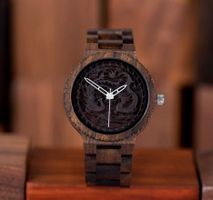 Quarz-Holzuhr Drachenmotiv - Montre en bois à quartz dragon
