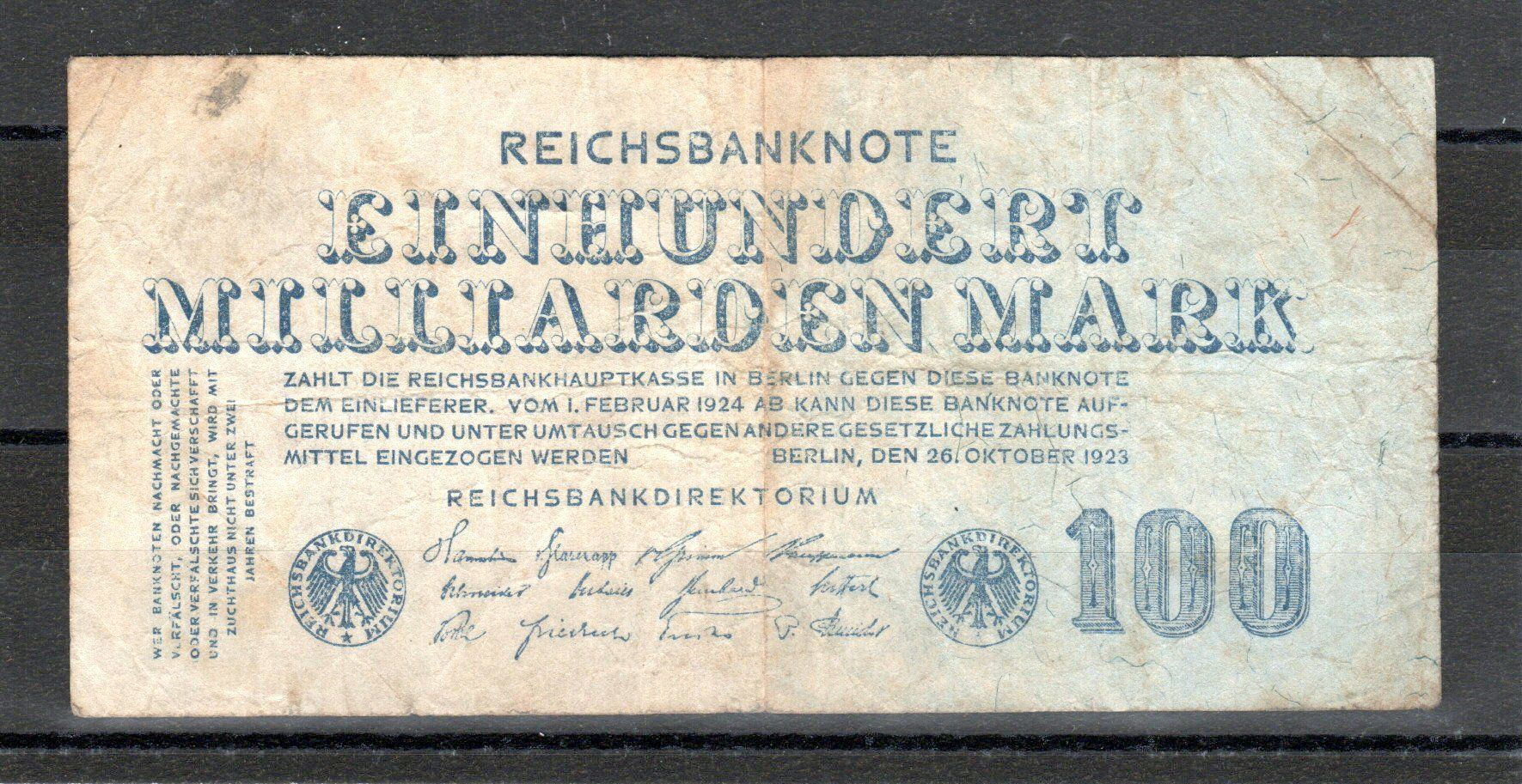 Banconote: 26. Oktober 1923 Einhundert Milliarden Mark – Usato da Stein am Rhein venduto da Huehnerhund
