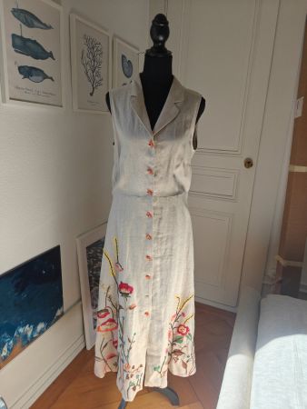 Devernois beige linen embroided sleeveless maxi dress 42