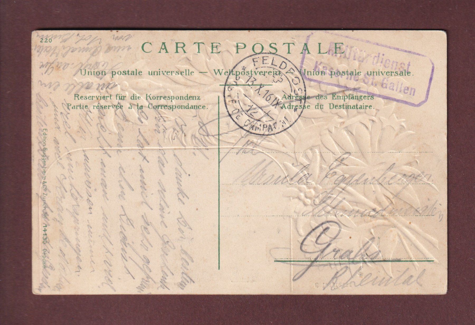 Cartoline postali: ST. GALLEN - Blumen - 1913 Feldpost Präge – Usato da Pully venduto da nicecards 1