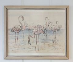 Fritz Hug (1921-1989) >>Flamingos>> grosse Farblitographie
