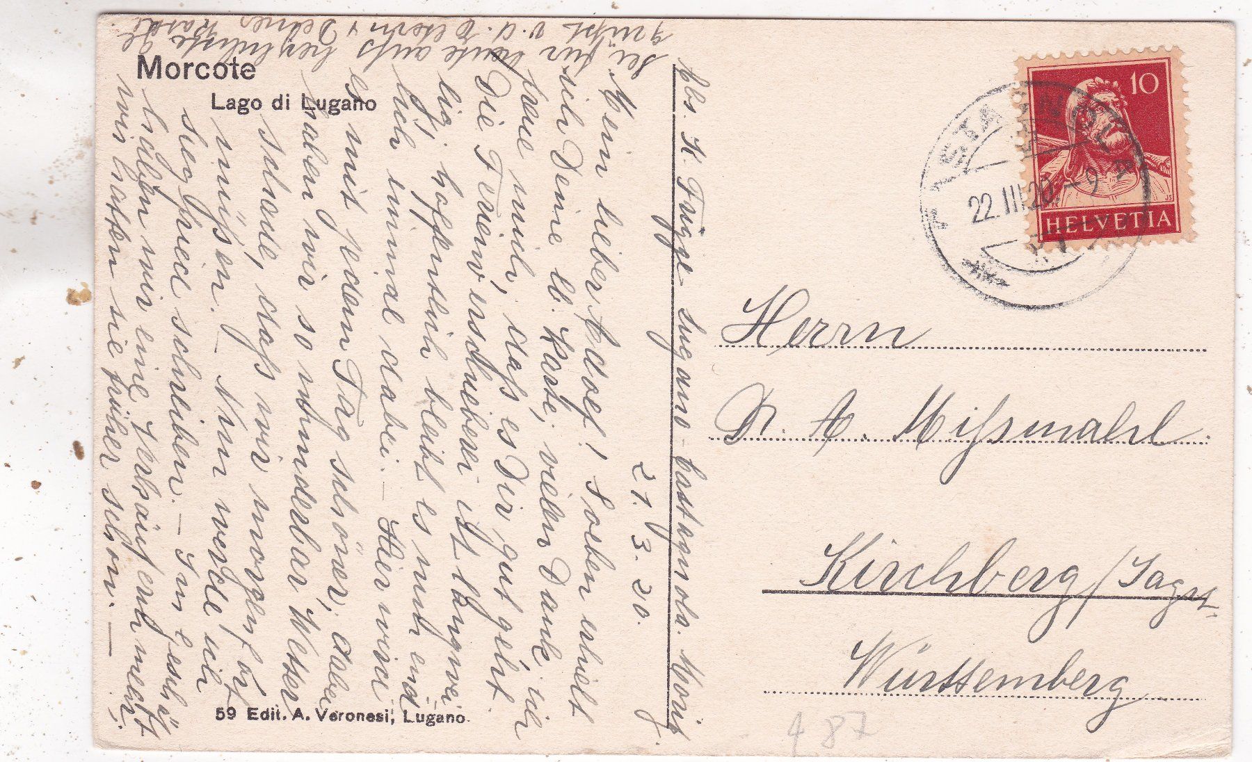 Cartoline postali: Morcote 1920 – Usato da Herisau venduto da Lisegrat2008 1