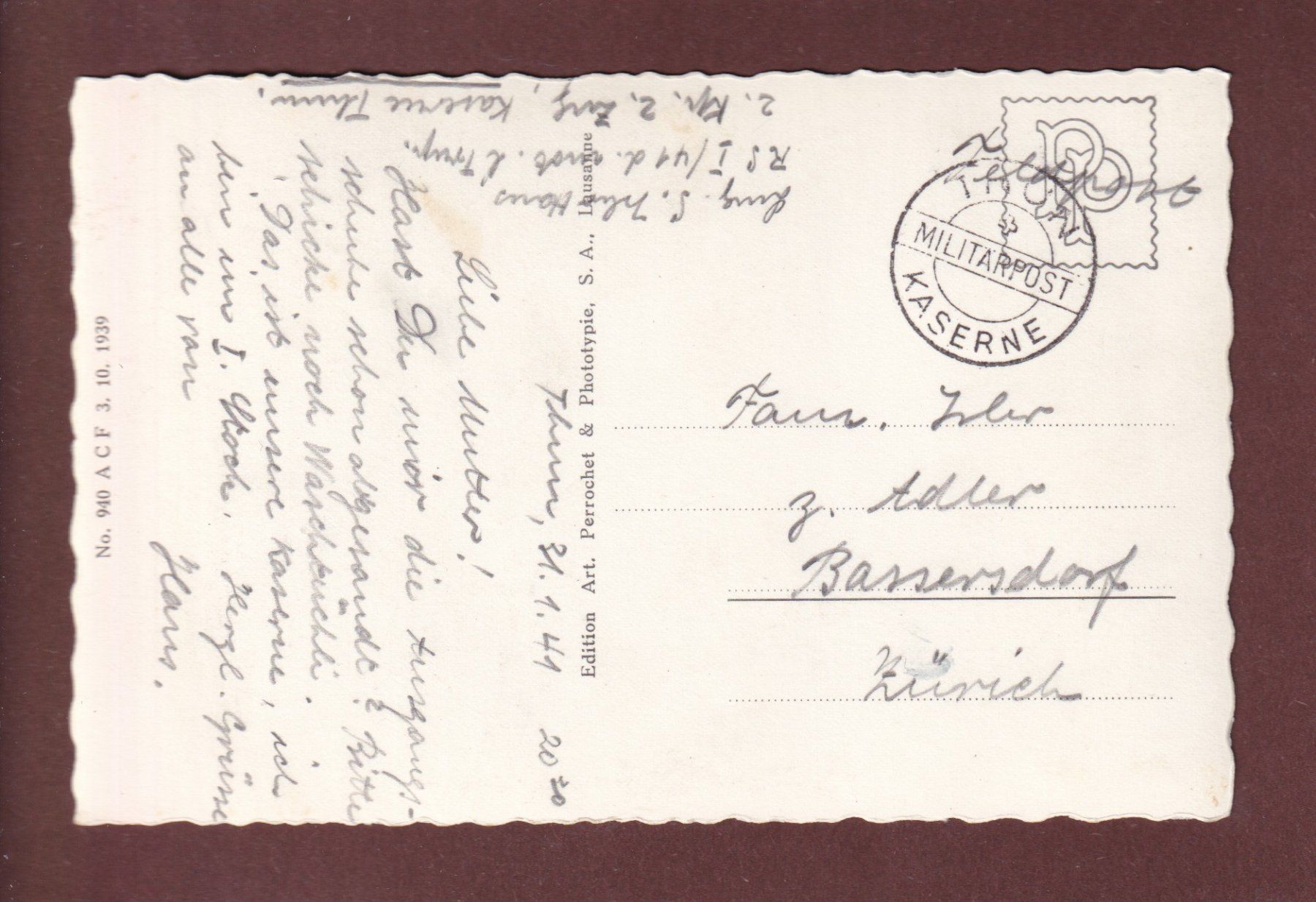 Ansichtskarten: THUN - Dufour-Kaserne - 1941 Feldpost – Gebraucht aus Pully von nicecards-shop 1