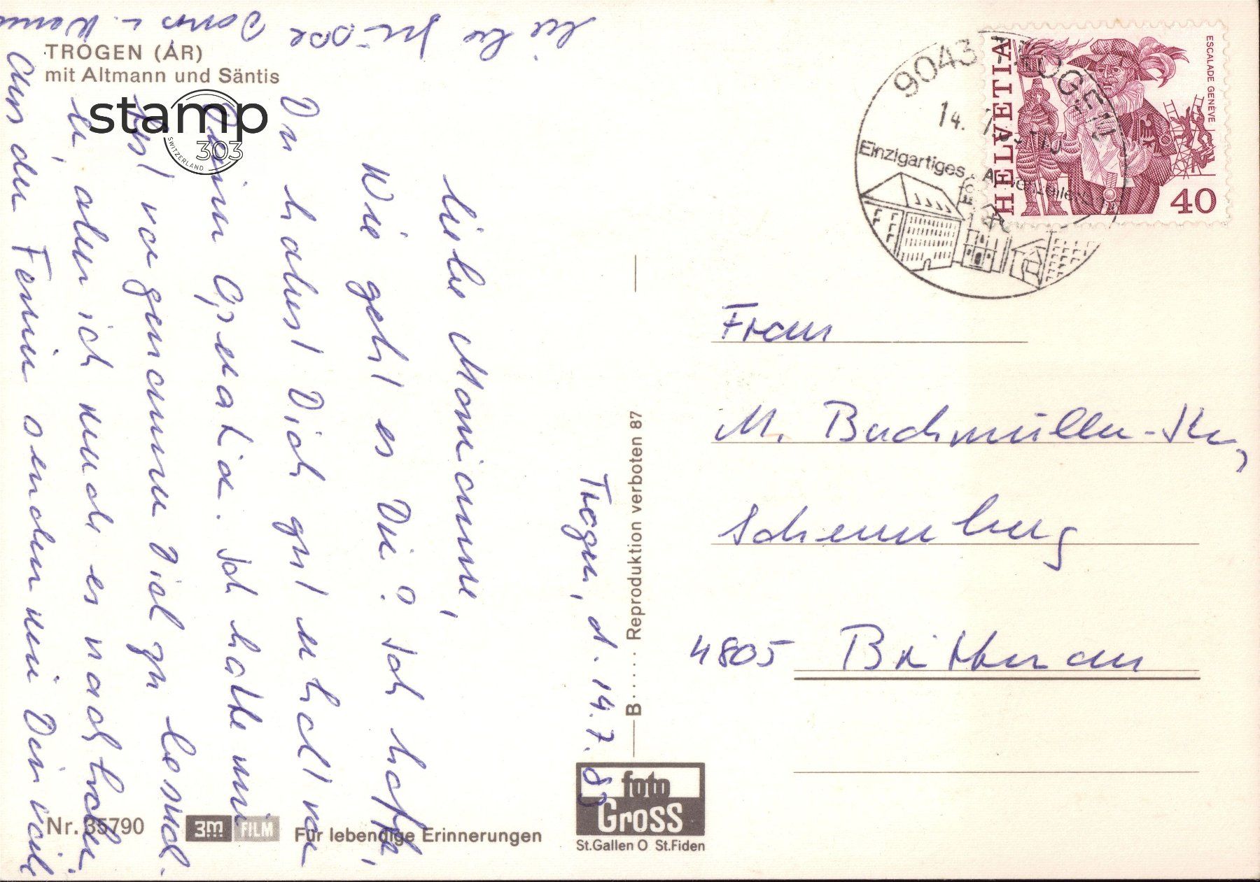Cartoline postali: 1989 AK Trogen mit Altmann und Säntis – Usato da Eggersriet venduto da stamp303 1