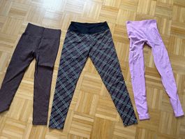 3er Set Leggings Lila/Karo/Melange neuwertig Gr. S/M