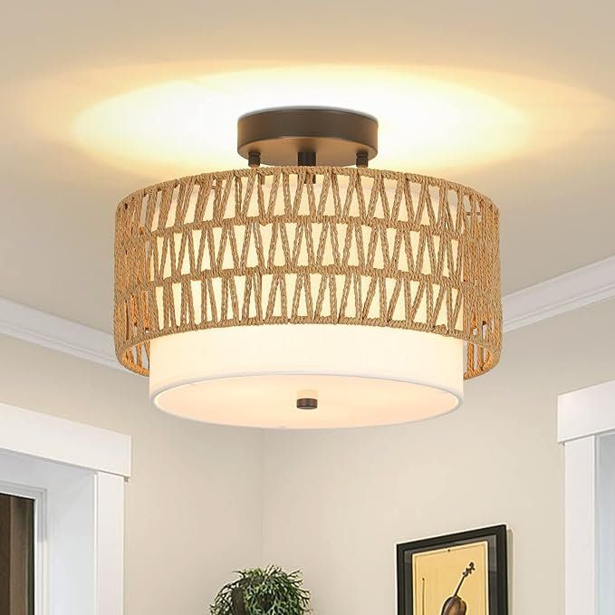 Lampadari & plafoniere: Deckenlampe Deckenleuchte Rattan Leinenschirm E27 rustikal – Nuovo e nell'imballaggio originale da Herisau venduto da Serenco