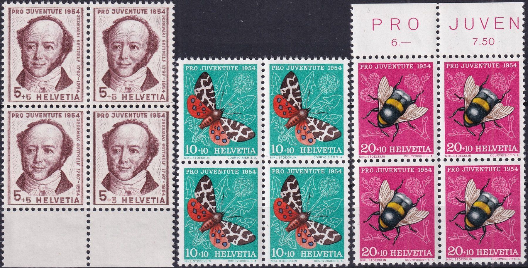 Alle Briefmarken: 1954, J153-157 im Viererblock ** postfrisch, Kat: 40.-+ – Gebraucht aus Sursee von Luzernerraute 1