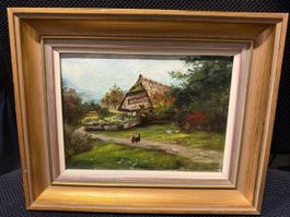 Gemälde, signiert, Landschaft mit Bauernhaus, Top Zustand