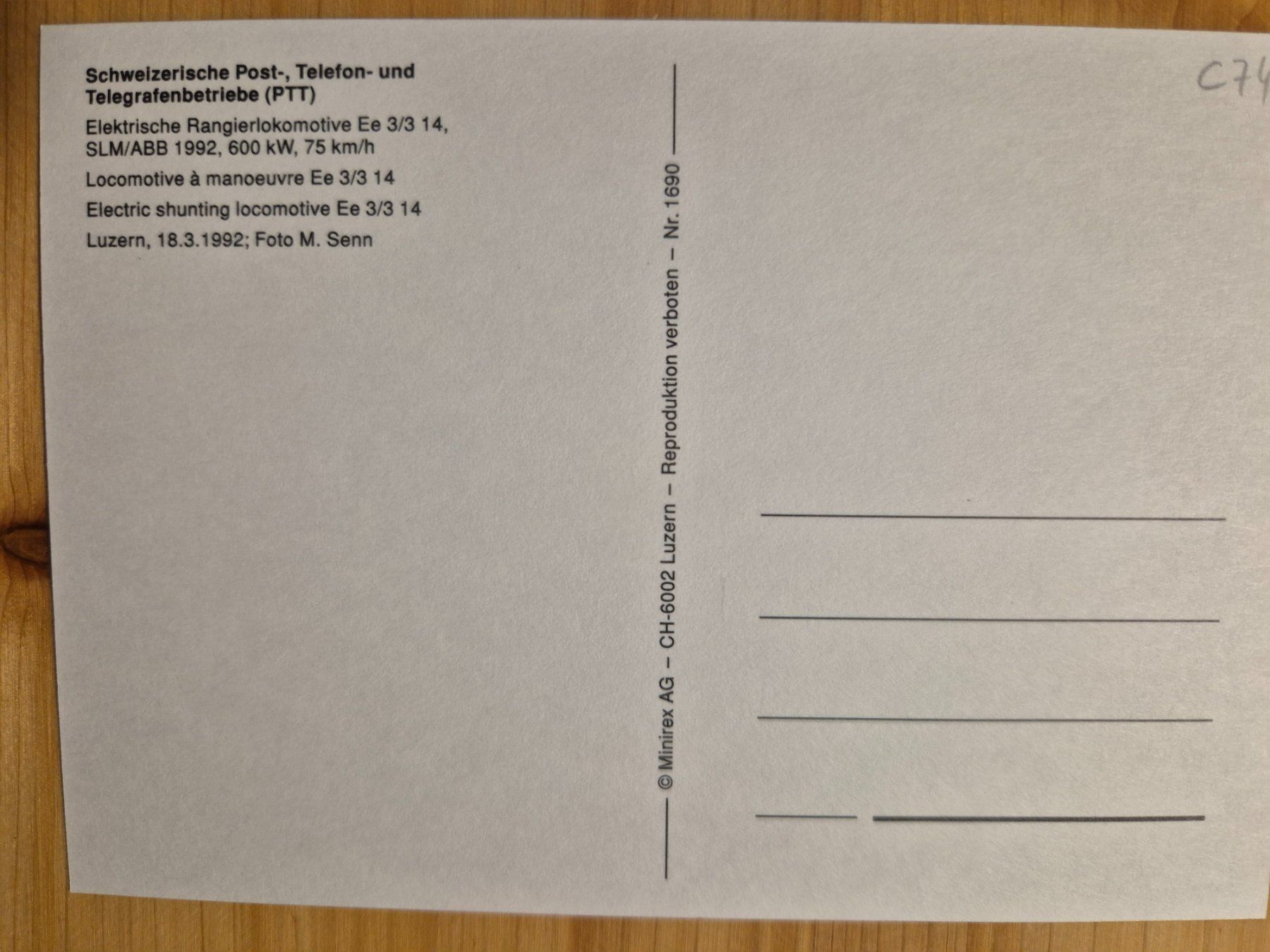 Cartoline postali: PTT : Ee 3/3 14, Luzern 18.3.1992 – Nuovo (secondo la descrizione) da St-Léonard venduto da thipif 1