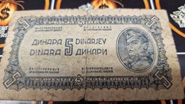 Seltene 5 Dinar Banknote Jugoslawien, Jahrgang 1944