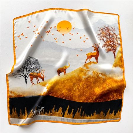 New 53cm Silk Scarf, Life in the Mountain Print Pure Silk