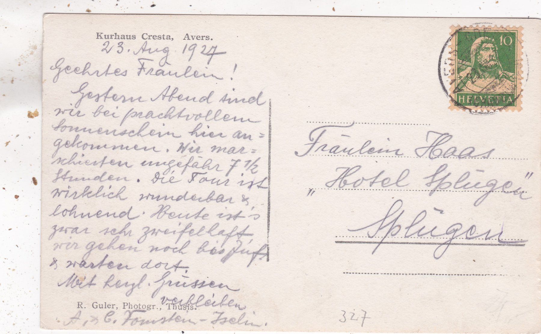 Cartoline postali: Avers Kurhaus Cresta 1927 – Usato da Herisau venduto da Lisegrat2008 1