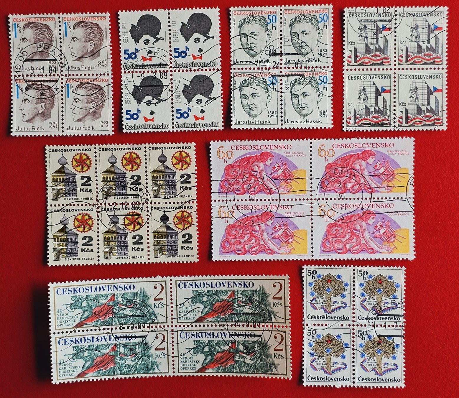 Tutti i francobolli: TSCHECHOSLOWAKEI CESKOSLOVENSKO VIERERBLÖCKE CHAPLIN -1989 G – Usato da Düdingen venduto da Quartierstrasse