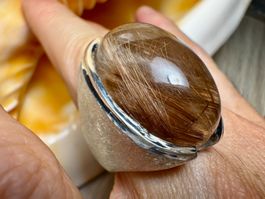 Unikat Silberring 925 mit großem Rutilquarz-Cabochon – 58,66