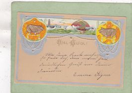 Kitsch Glanz Landschaft Schweine Viel Glück Relief 1902