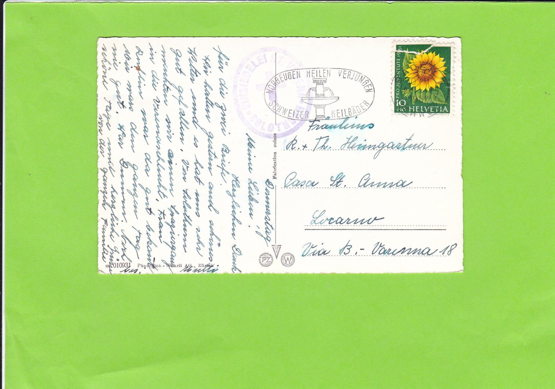 Cartoline postali: Solothurn-Einsiedelei-belebt – Usato da St. Peterzell venduto da neckertal 1