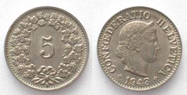 EIDGENOSSENSCHAFT 5 Rappen 1943 Ku-Ni ERHALTUNG! unz