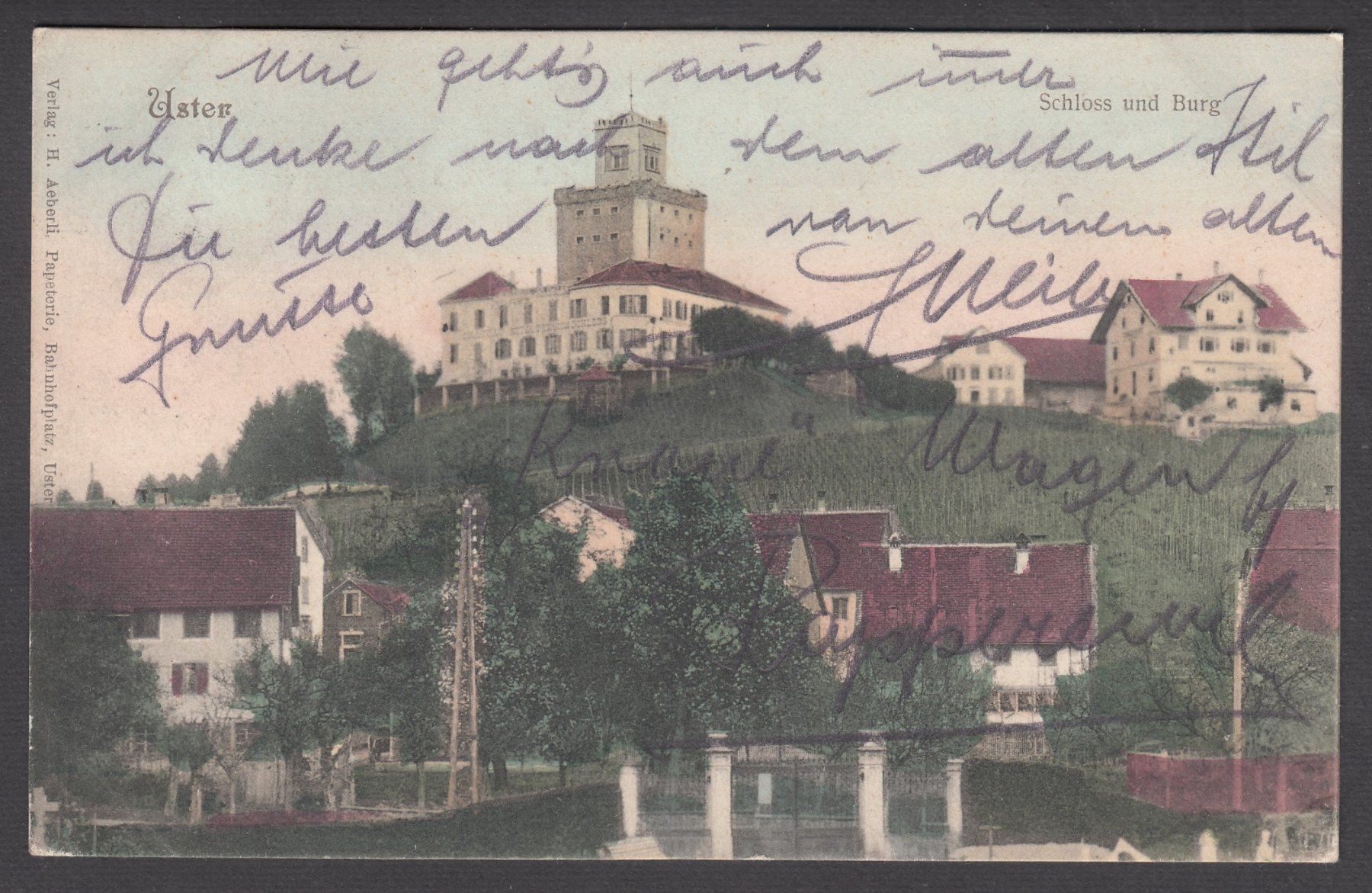 Cartoline postali: Alte Ansichtskarte Uster mit Schloss und Burg ,  1906, – Usato da Brienz BE venduto da Diliplunz
