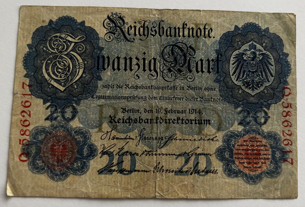 Banknoten: Deutschland 20 Mark 1914 – Gebraucht aus Algetshausen von Carrhard