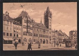 .Basel , Tram , belebt , Rathaus , gel. 1908 Kupferdruck