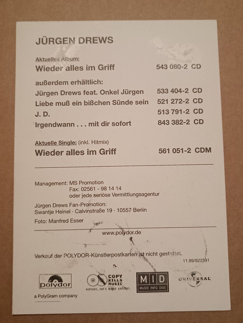 Autografi: Jürgen Drews - original Autogramm – Usato da Menziken venduto da Artographs 1