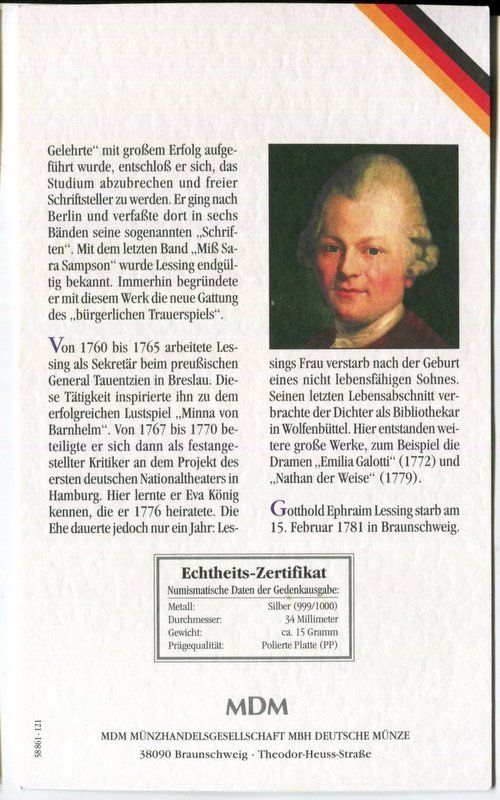 Medaglie: Silbermedaille "Gotthold Ephraim Lessing". 999/1000 PP. – Nuovo e nell'imballaggio originale da Basel venduto da Butsch5 3