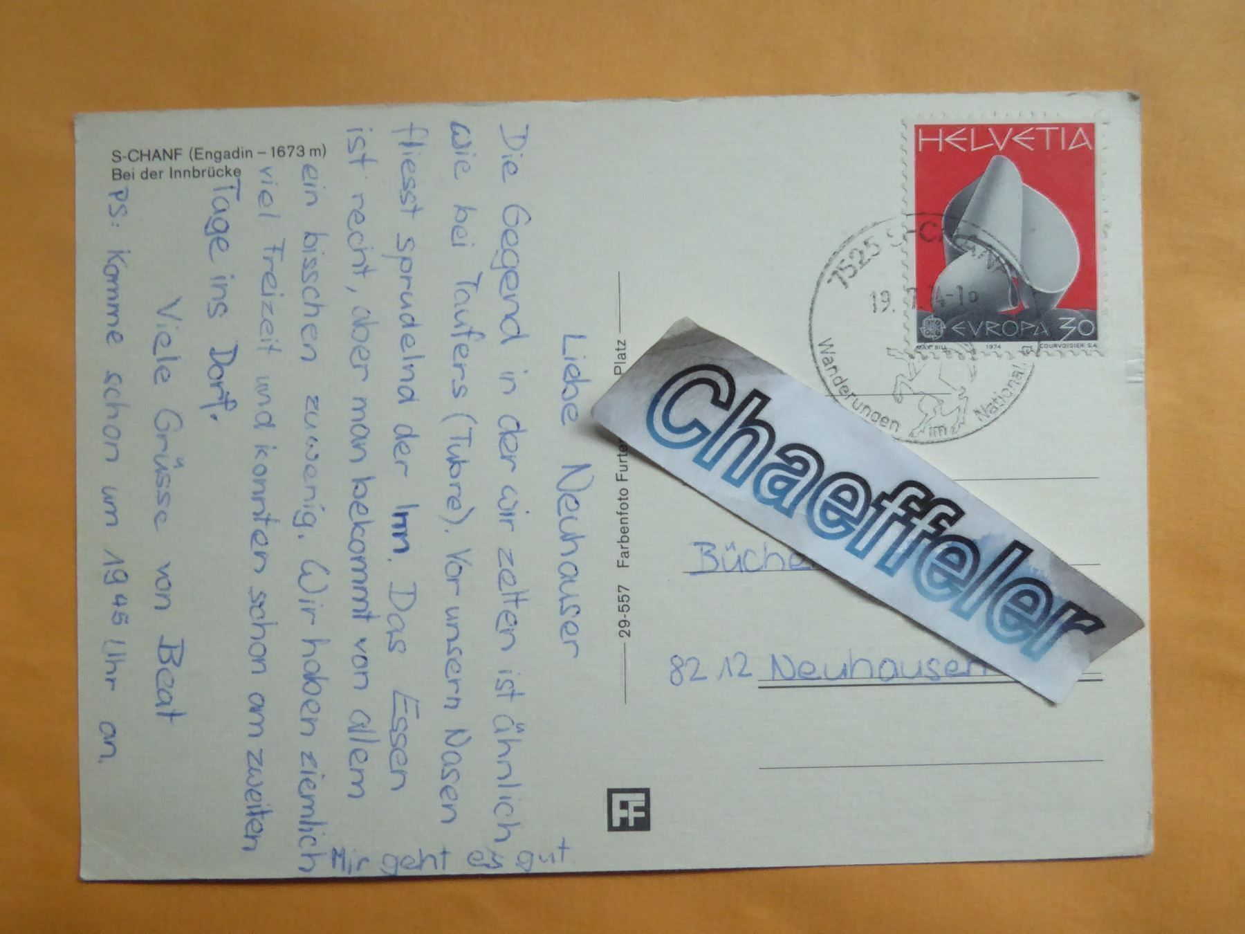 Cartoline postali: 1974  S-chanf Engadin.  Bei der Innbrücke – Usato da Zürich venduto da Chaeffeler 1