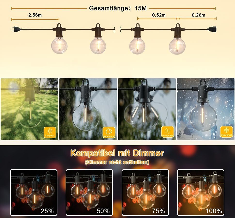 Lichterketten & Leisten: GLÜHBIRNEN LED LICHTERKETTE AUSSEN - 15 METER - 25+2 BIRNEN – Neu und originalverpackt aus Kriens von swissgadget 8