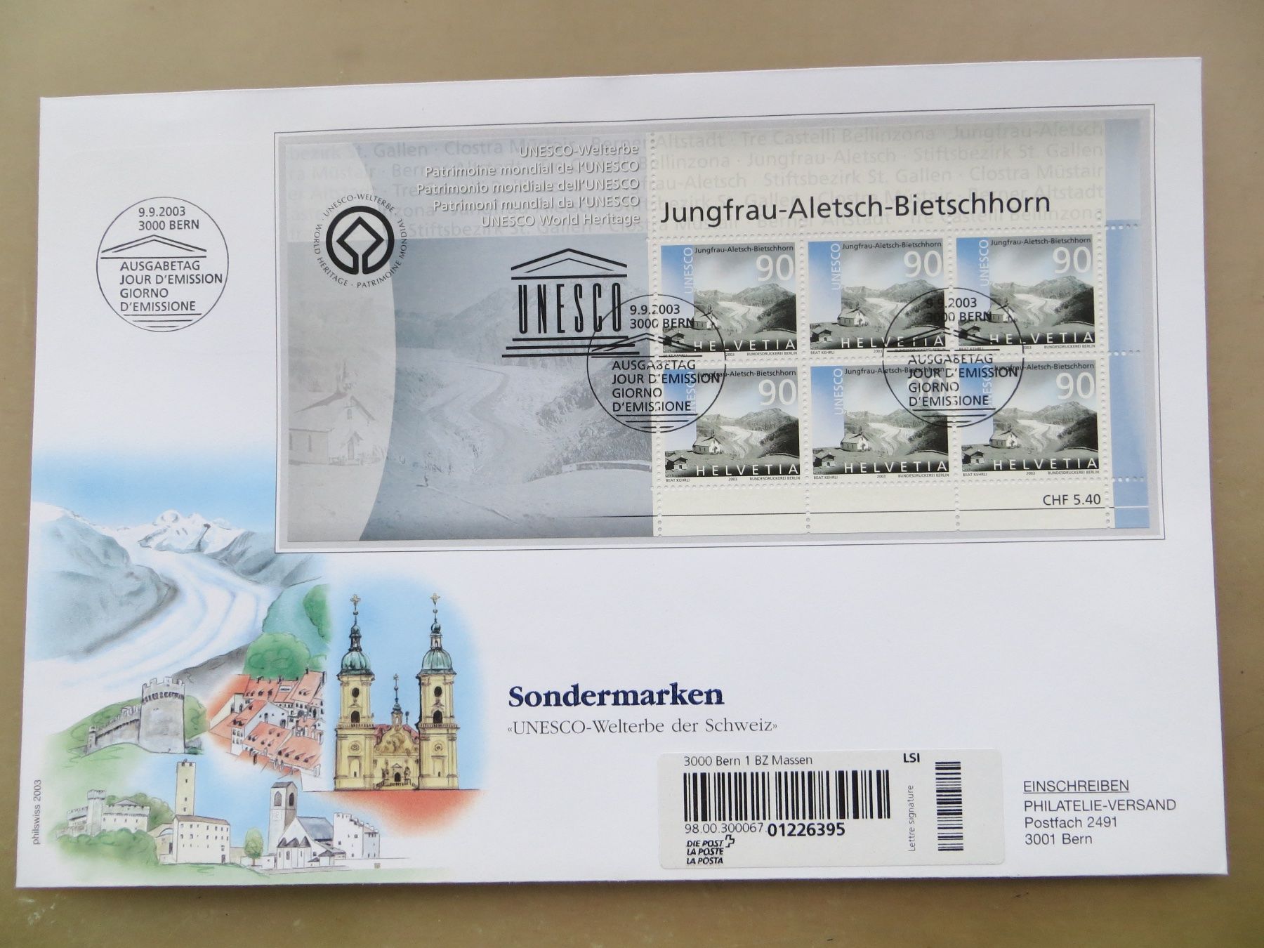Tutti i francobolli: FDC-Serie Kleinbogen UNESCO-Welterbe Schweiz 2003 – Nuovo (secondo la descrizione) da Basel venduto da 8013 4