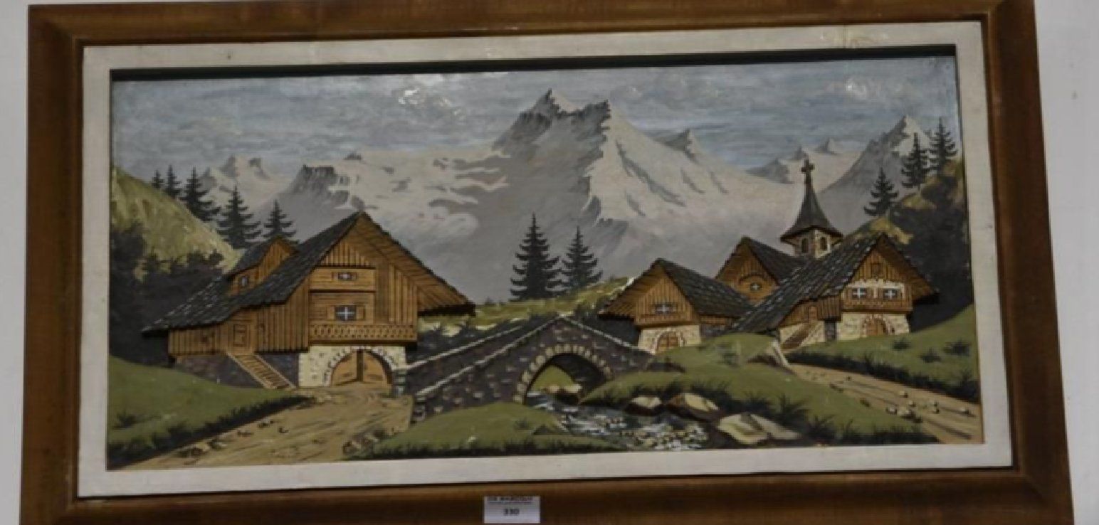 tableau bois sculpté paysage montagne