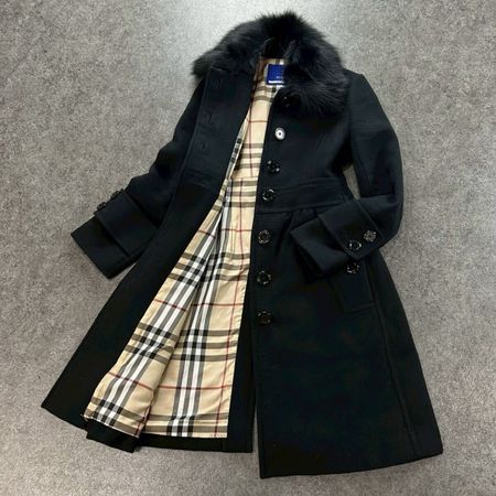 Burberry Blue Label Mantel Schwarz Wolle Pelz 40